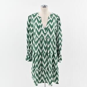 POMANDER PLACE Ikat Kenzo Dress Sz 2XL Green‎ Chevron Ruffle Tiered Tuckernuck